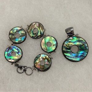 Elegant Abalone Shell Bracelet and Pendant Silver 995 Set